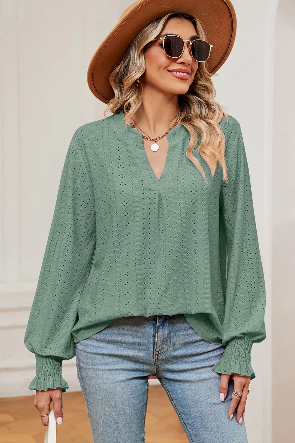 Eyelet Notched Long Sleeve T-Shirt, image 20