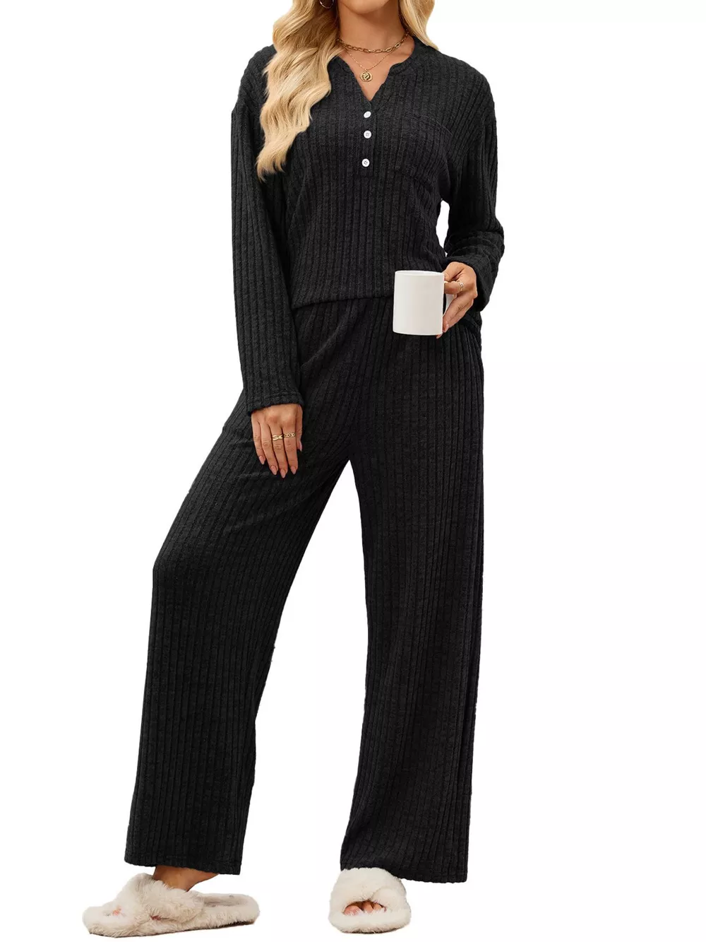 Ribbed Knit Top and Wide-Leg Pants Set, image 6