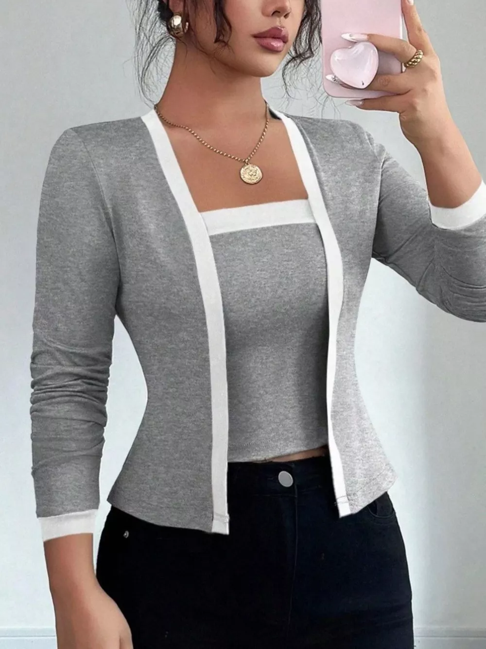 Contrast Trim Cardigan & Tank Top Set, image 9