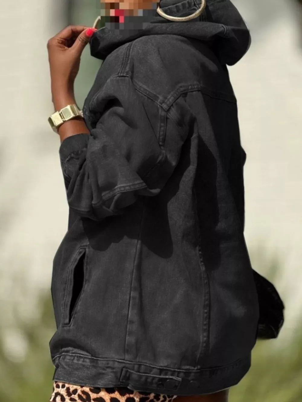 Oversized Washed Denim Hoodie with Front Pocket, image 6