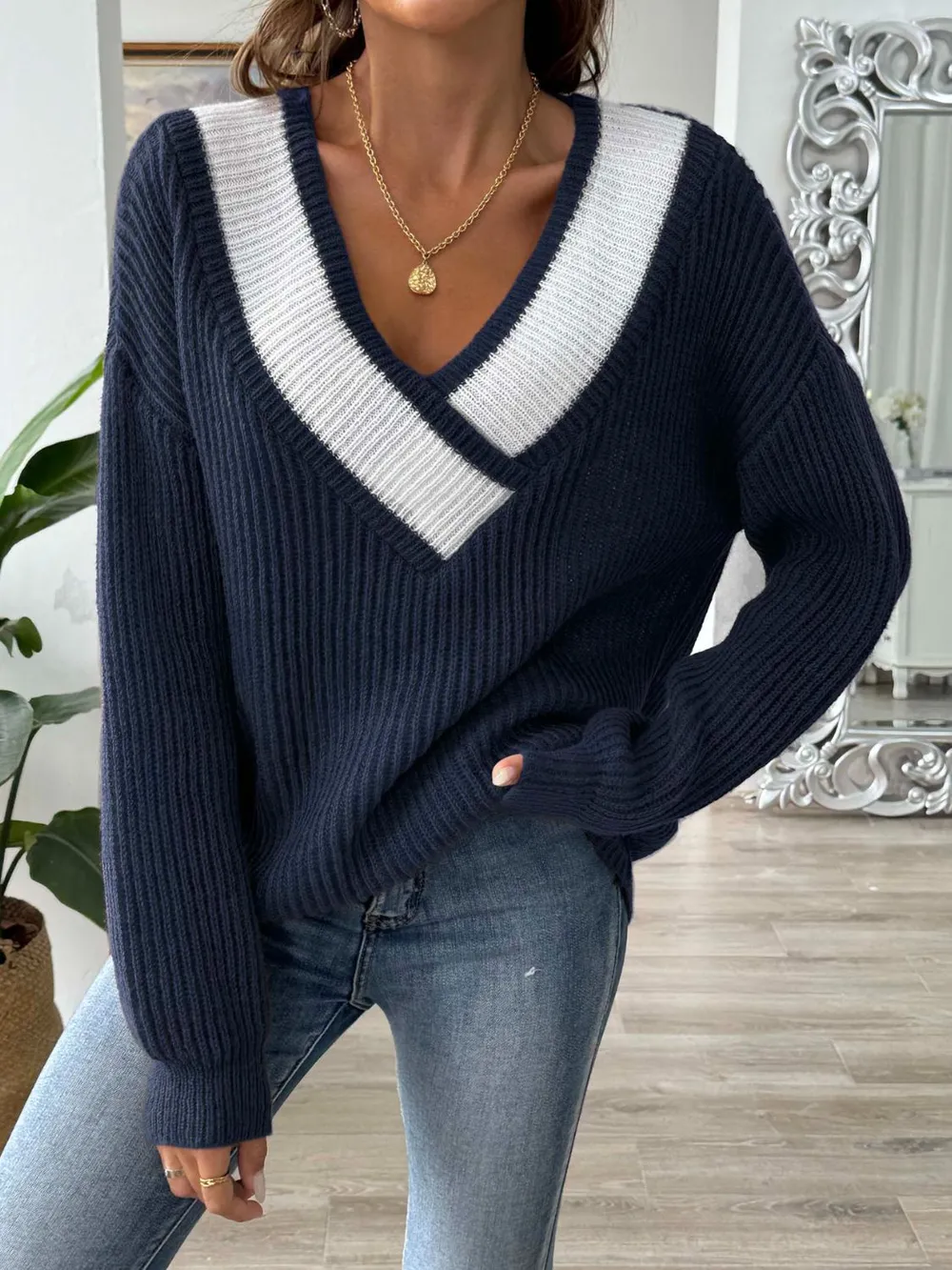 Contrast Dropped Shoulder Long Sleeve Sweater, image 5