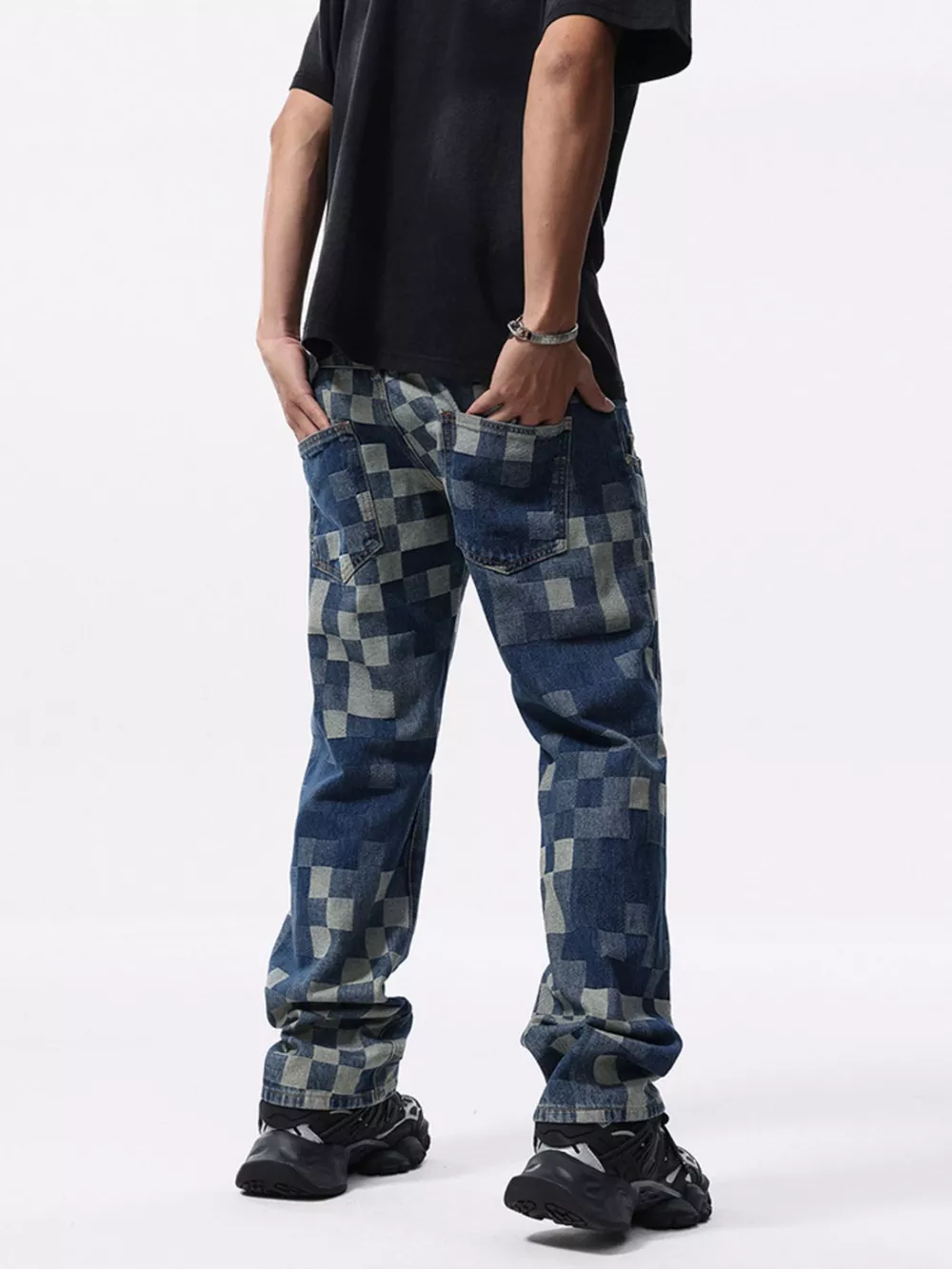 Men's Checkerboard Pattern Relaxed Fit Jeans, image 6