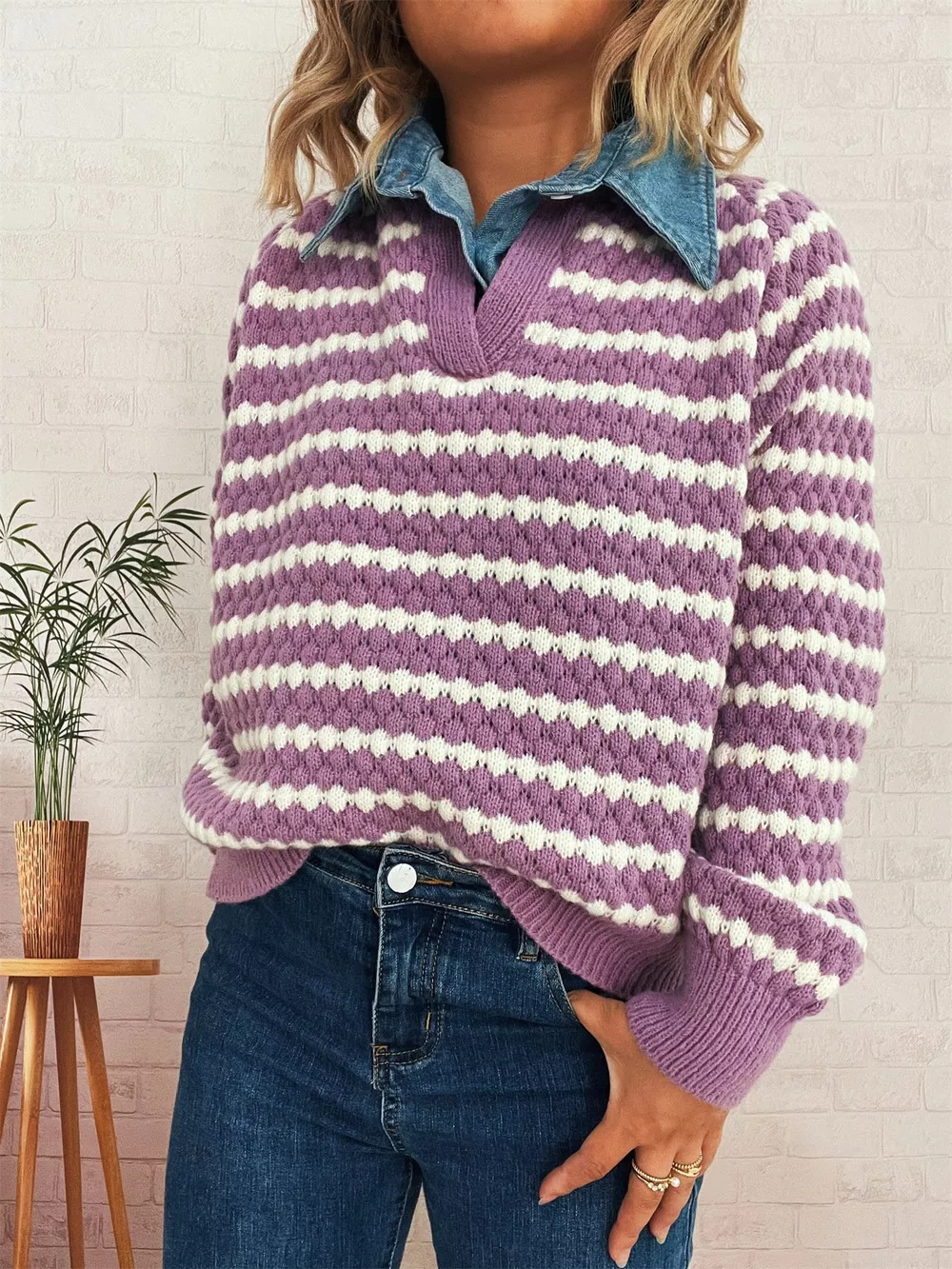 Contrast Striped Sweater with Denim Collar, image 27