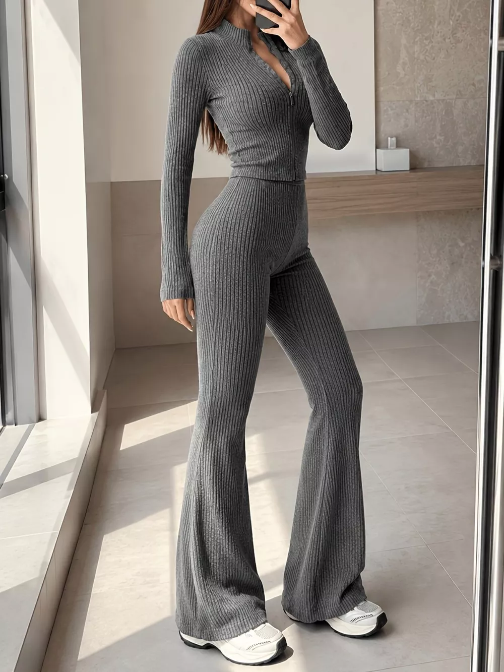Ribbed Zip-Up Cardigan and Pants Knit Set, image 9