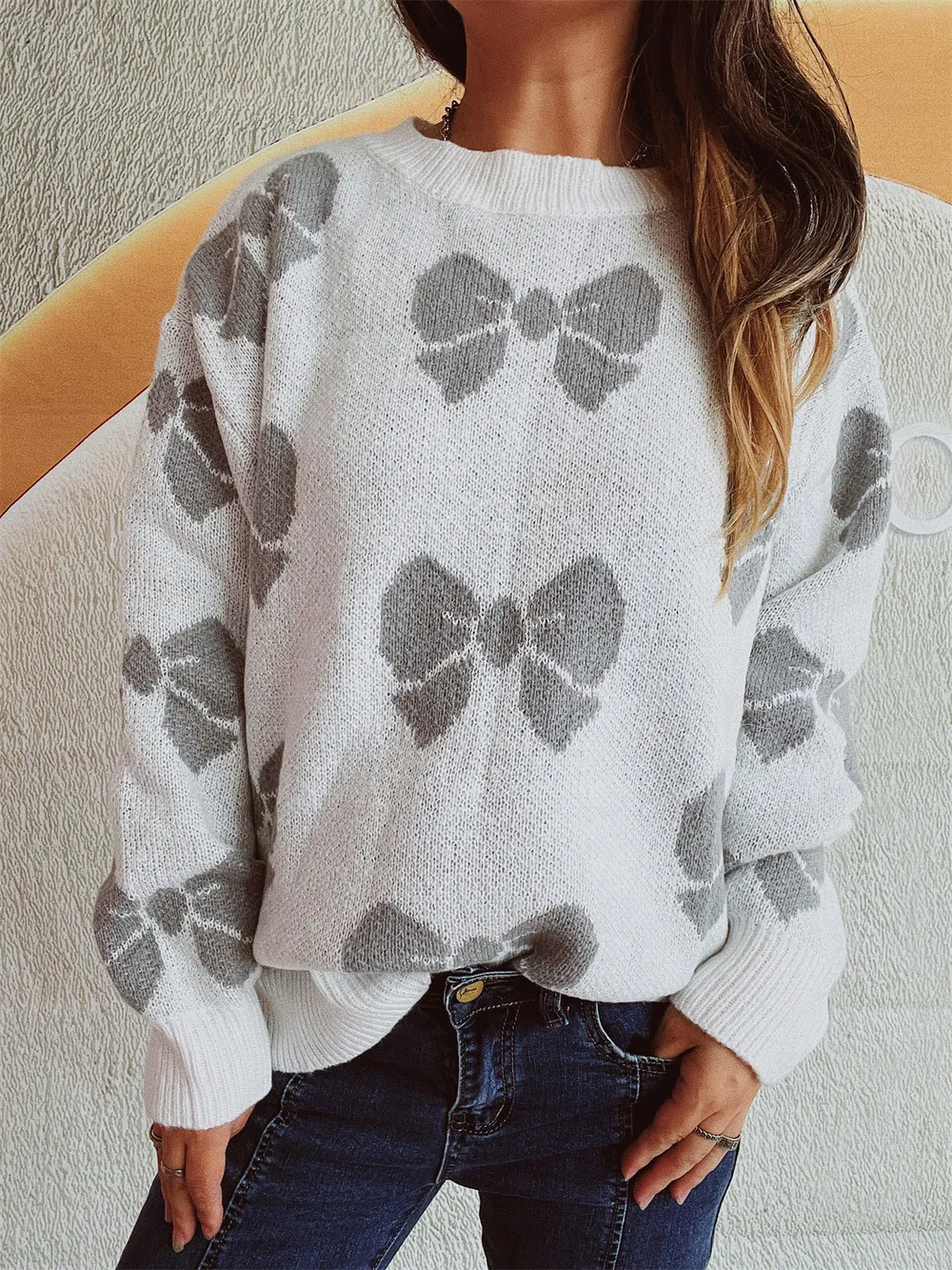 Bow Round Neck Dropped Shoulder Sweater, image 6