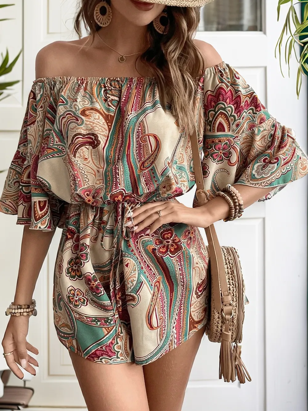 Printed Off Shoulder Half Sleeve Romper, image 2