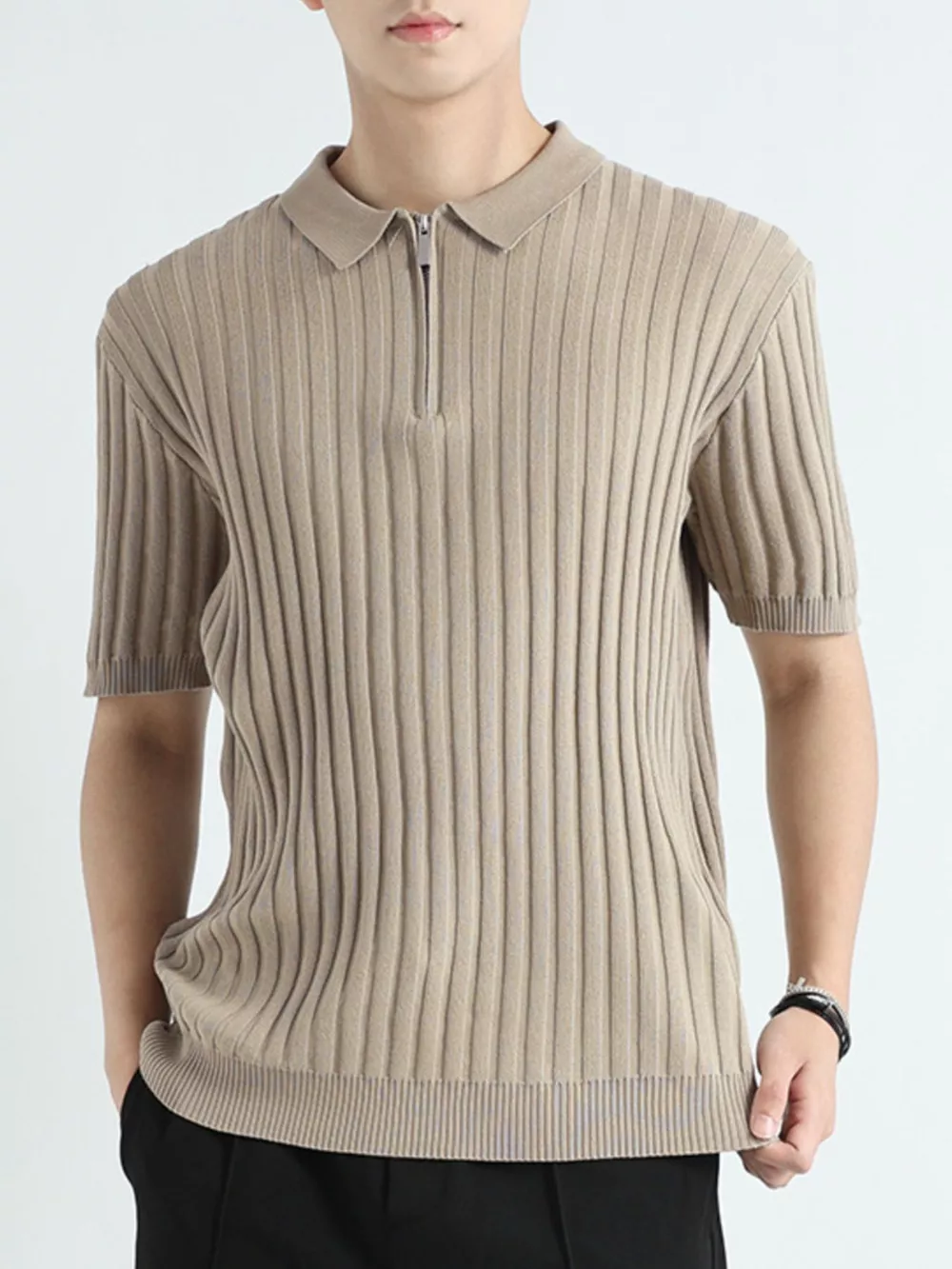 Men's Plus Size Ribbed Knit Short Sleeve Polo, image 4
