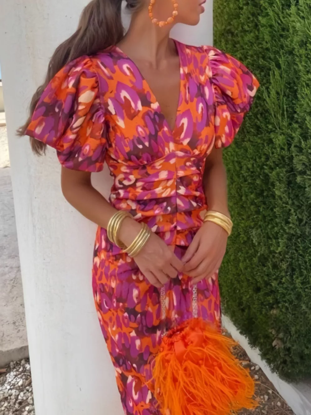 Full Size V-Neck Puff Sleeve Midi Dress Plus Size, image 8