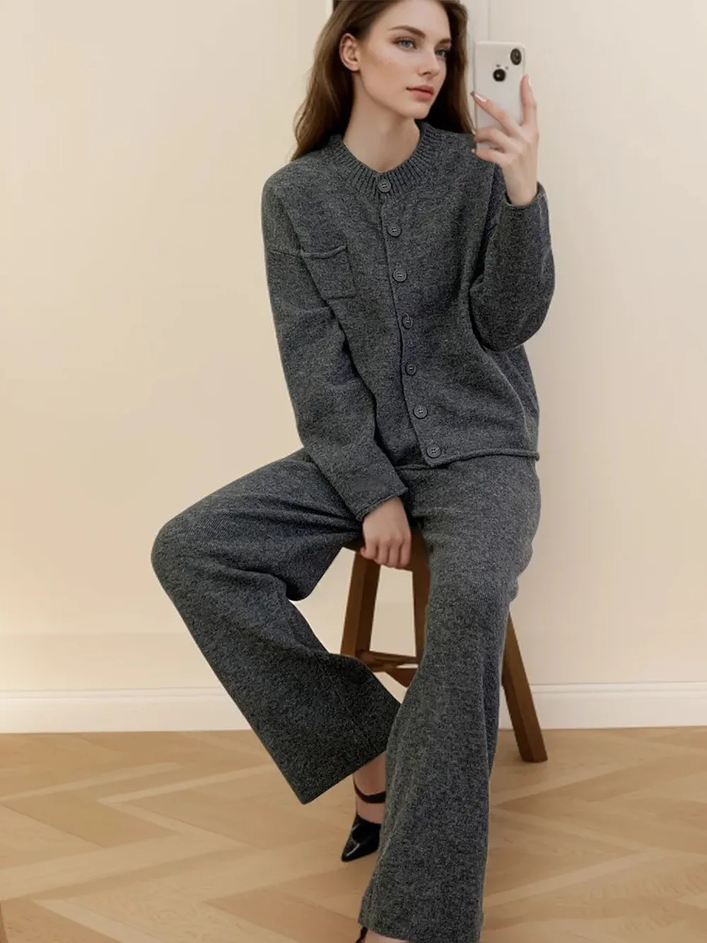 Pocketed Round Neck Button Up Cardigan and Pants Sweater Set, image 9