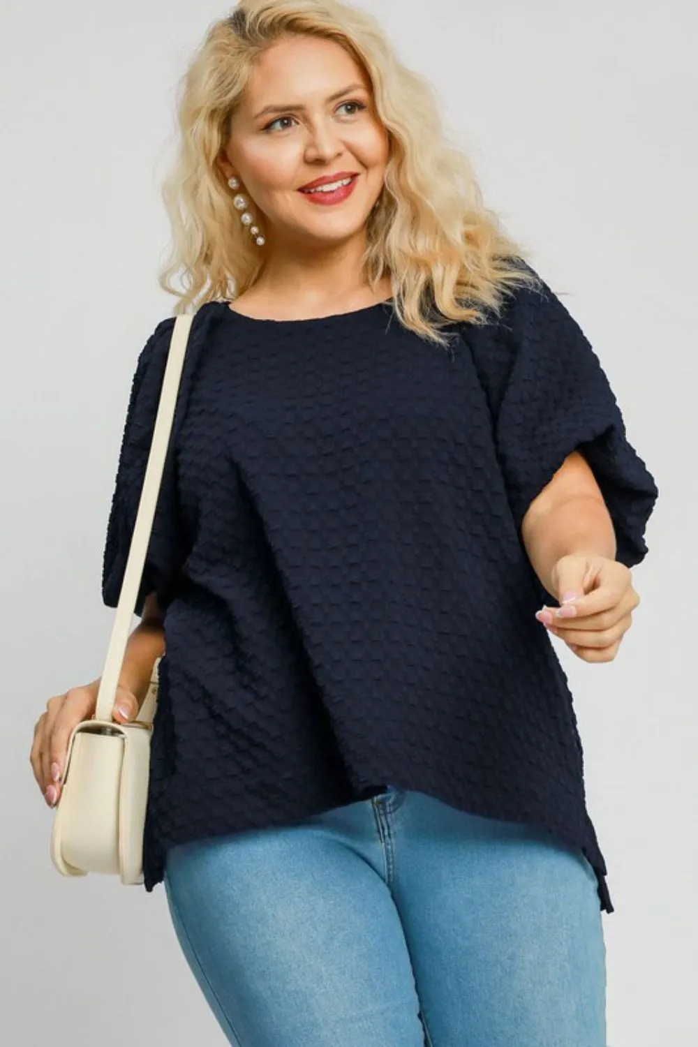 Full Size Boxy Cut Jacquard Round Neck Top with Side Slit Plus Size, image 3