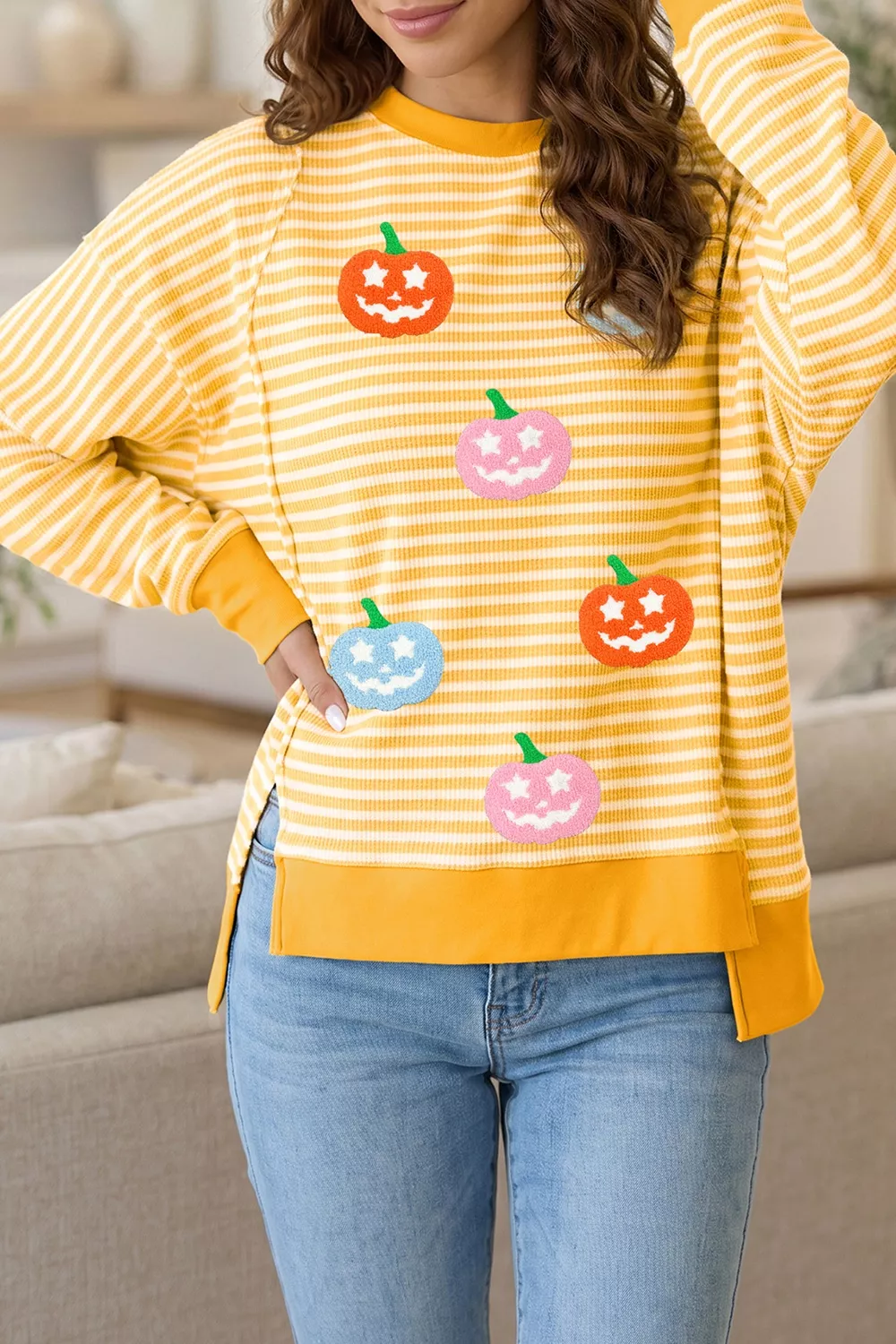 Stripe Halloween Pumpkin Face Waffle Knit Pullover Loose Top with Slits