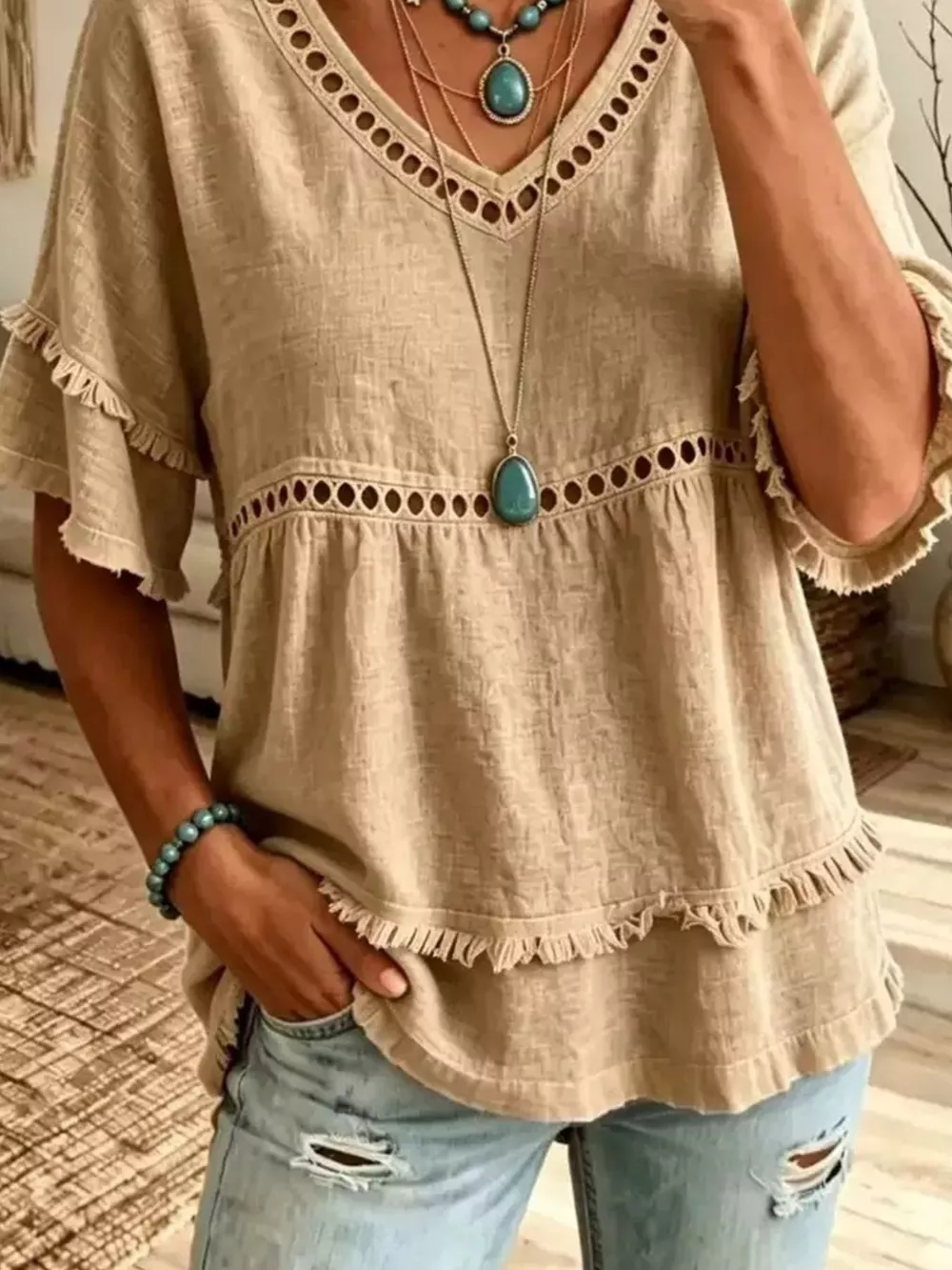 Eyelet V-Neck Frayed Edge T-Shirt, image 8