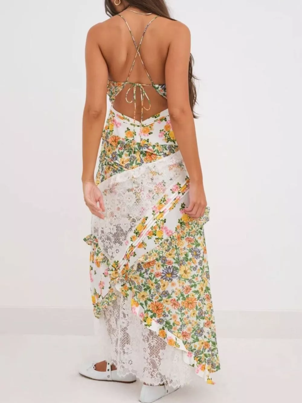 Lace Detail Ruffled Floral V-Neck Maxi Dress, image 13