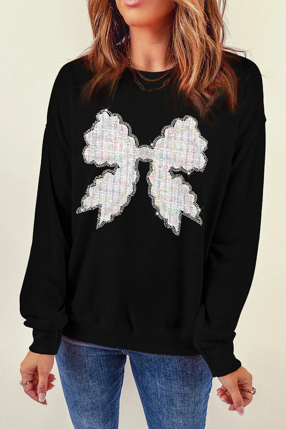Contrast Bow Round Neck Long Sleeve Sweatshirt, image 3
