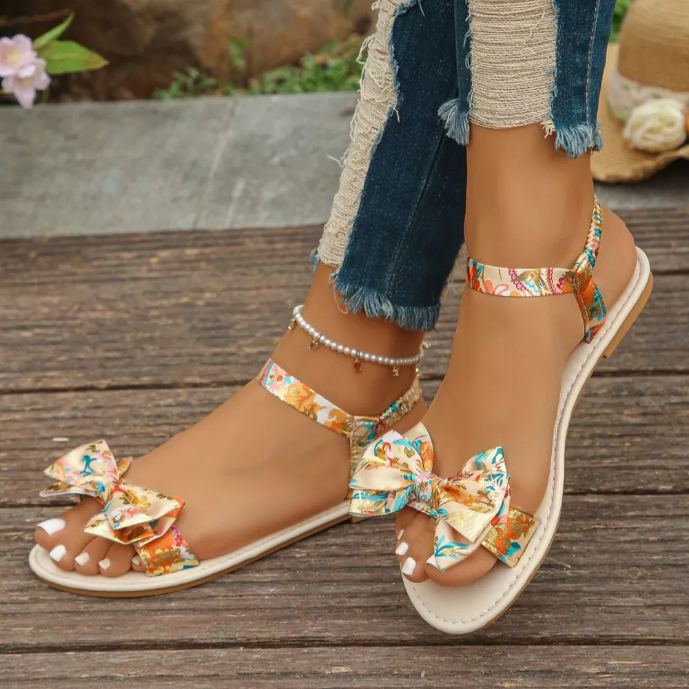Floral Bowknot Ankle Strap Flat Sandals, image 8