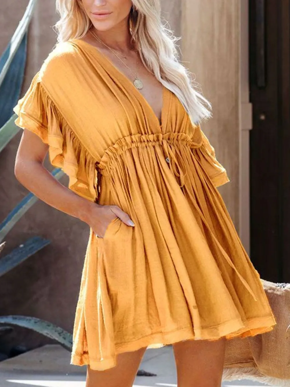 Drawstring Ruffled Half Sleeve Mini Dress, image 15