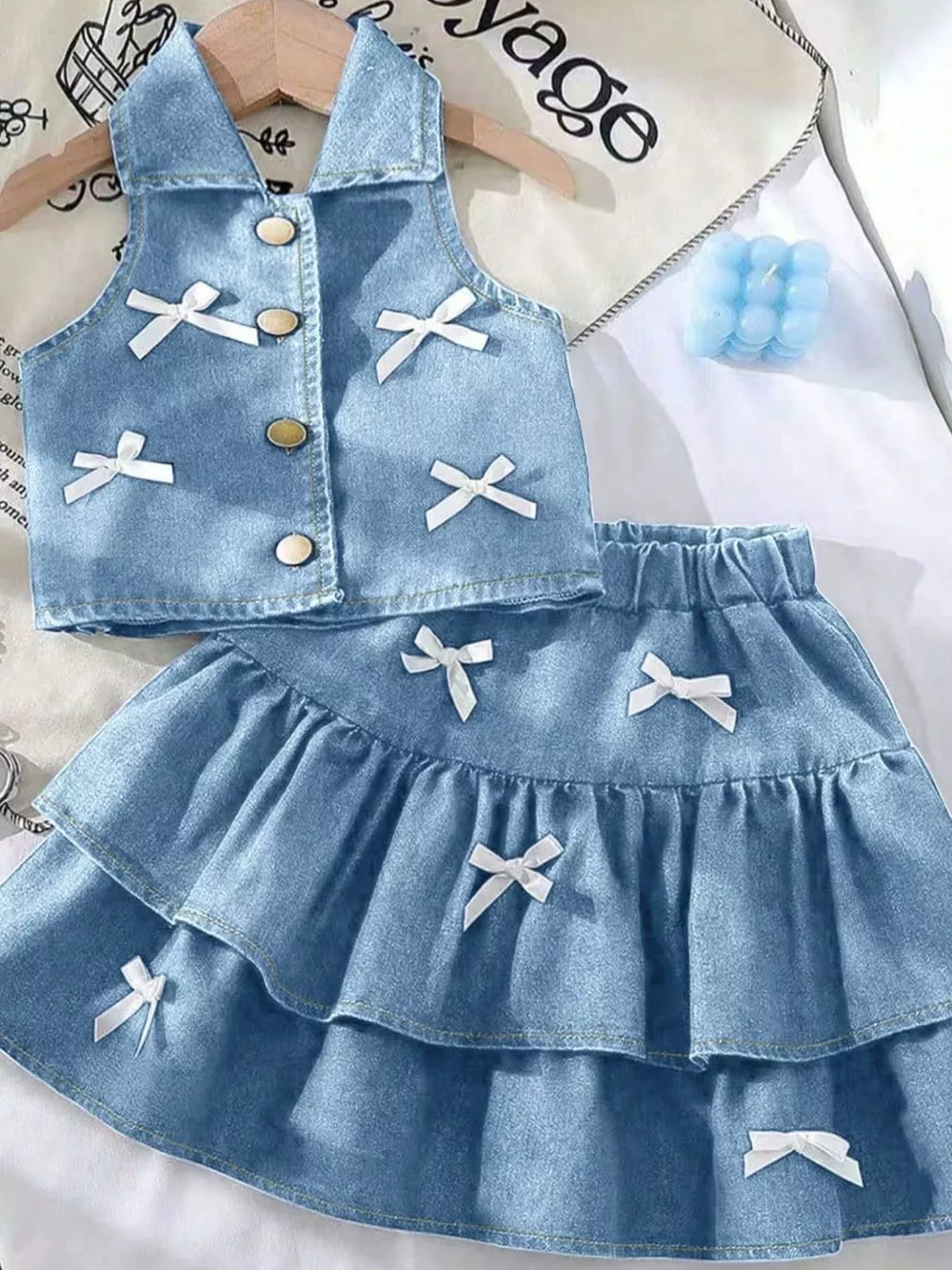 Children's Button UP Vest and Skirt Denim Set, image 6