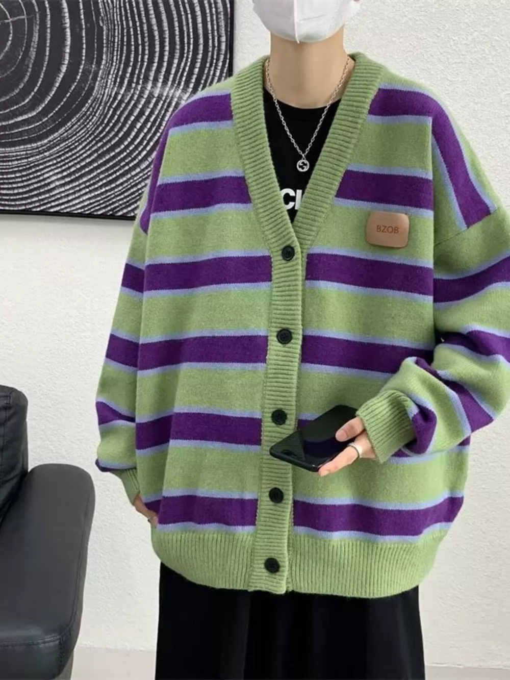 Men's Striped V-Neck Knitted Cardigan
