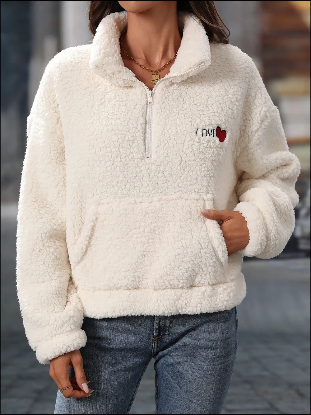 Heart Half Zip Long Sleeve Teddy Sweatshirt, image 2