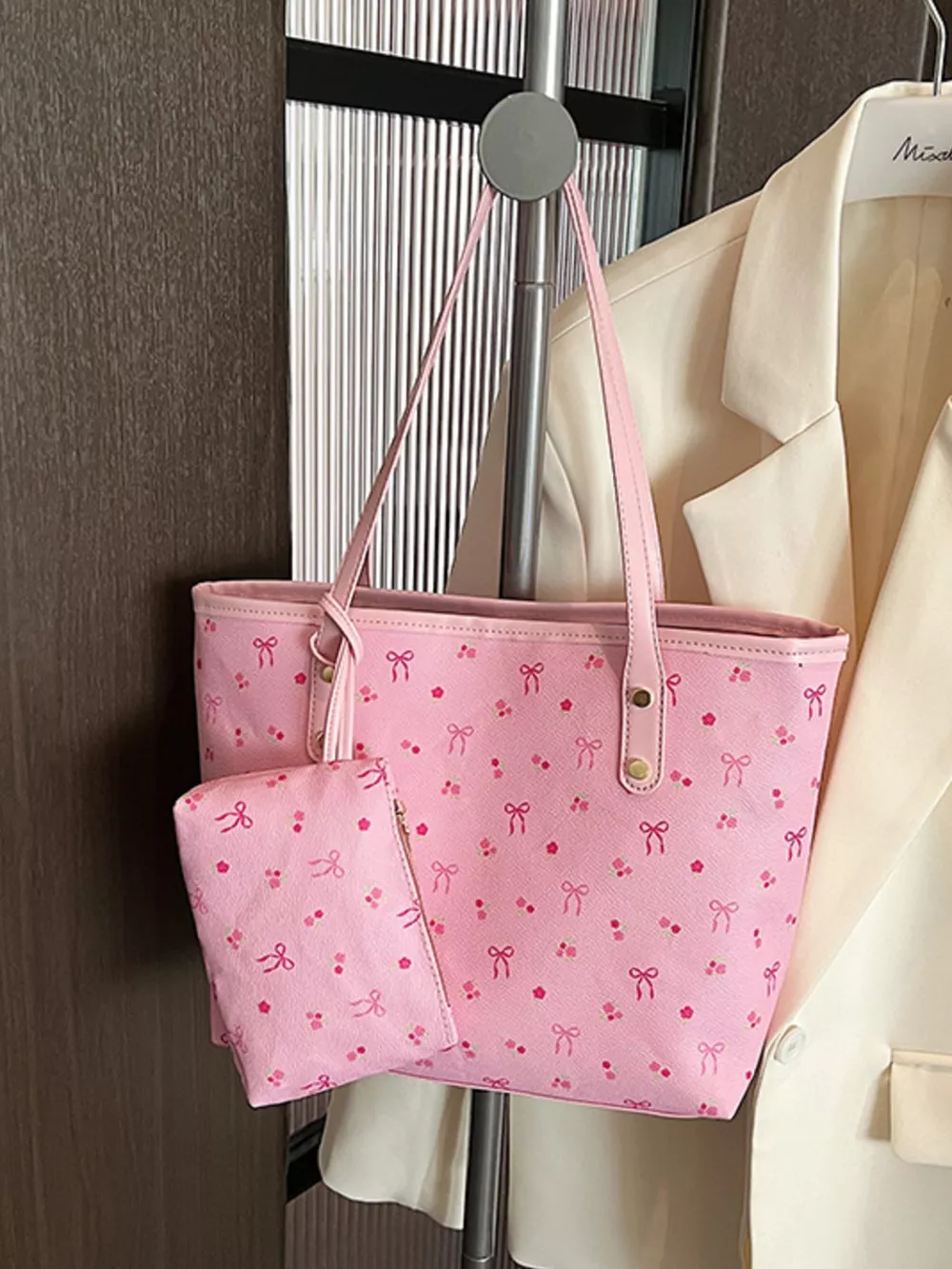 Printed Tote Shoulder Bag with Pouch, image 8