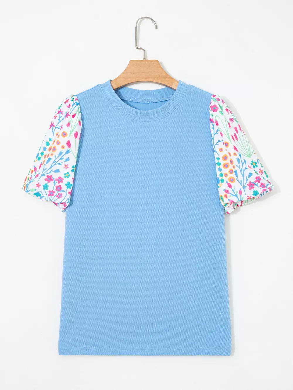 Round Neck Textured Contrast Floral Bubble Sleeve Blouse, image 8