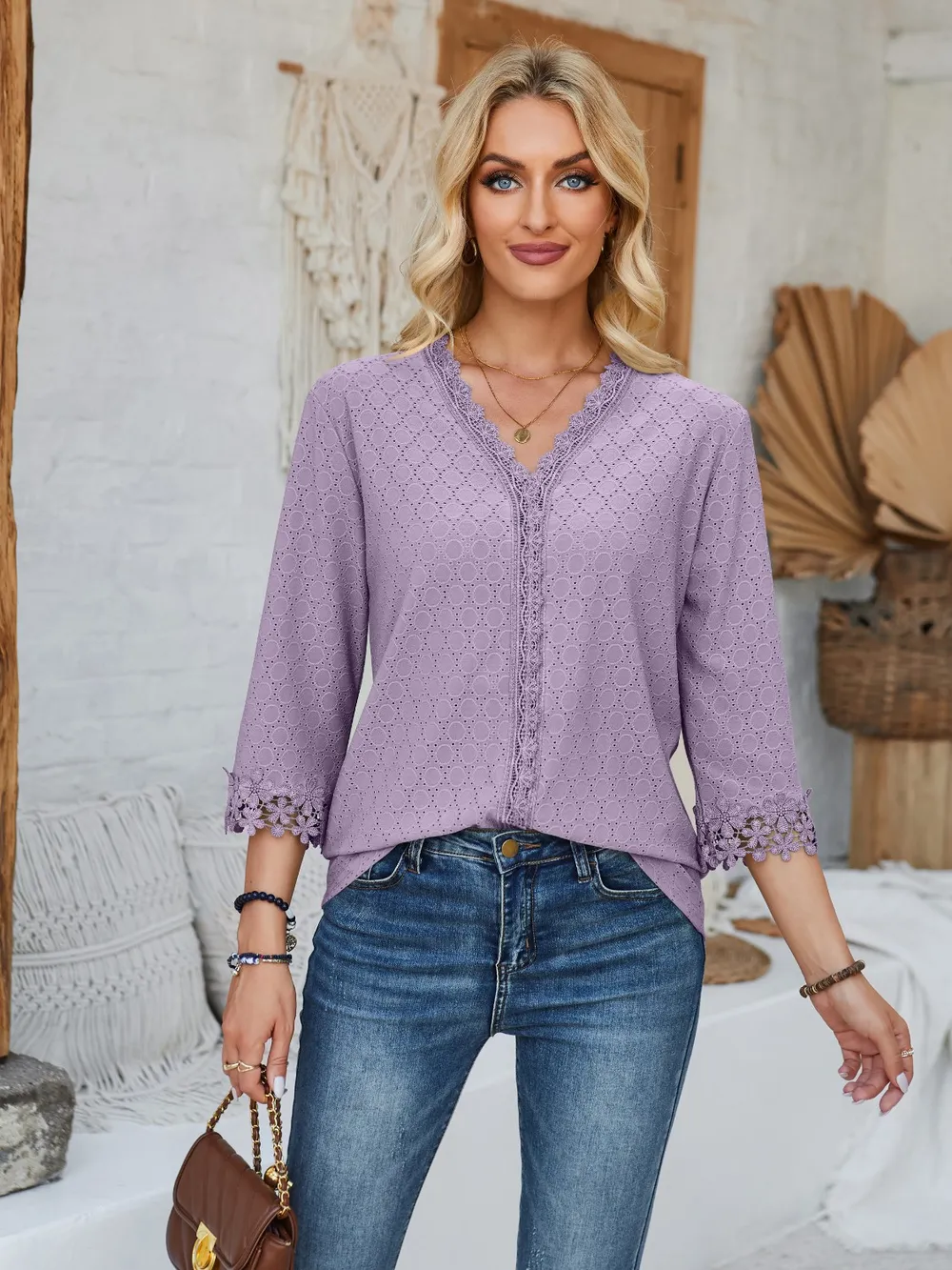 Lace Detail V-Neck Three-Quarter Sleeve Blouse, image 23