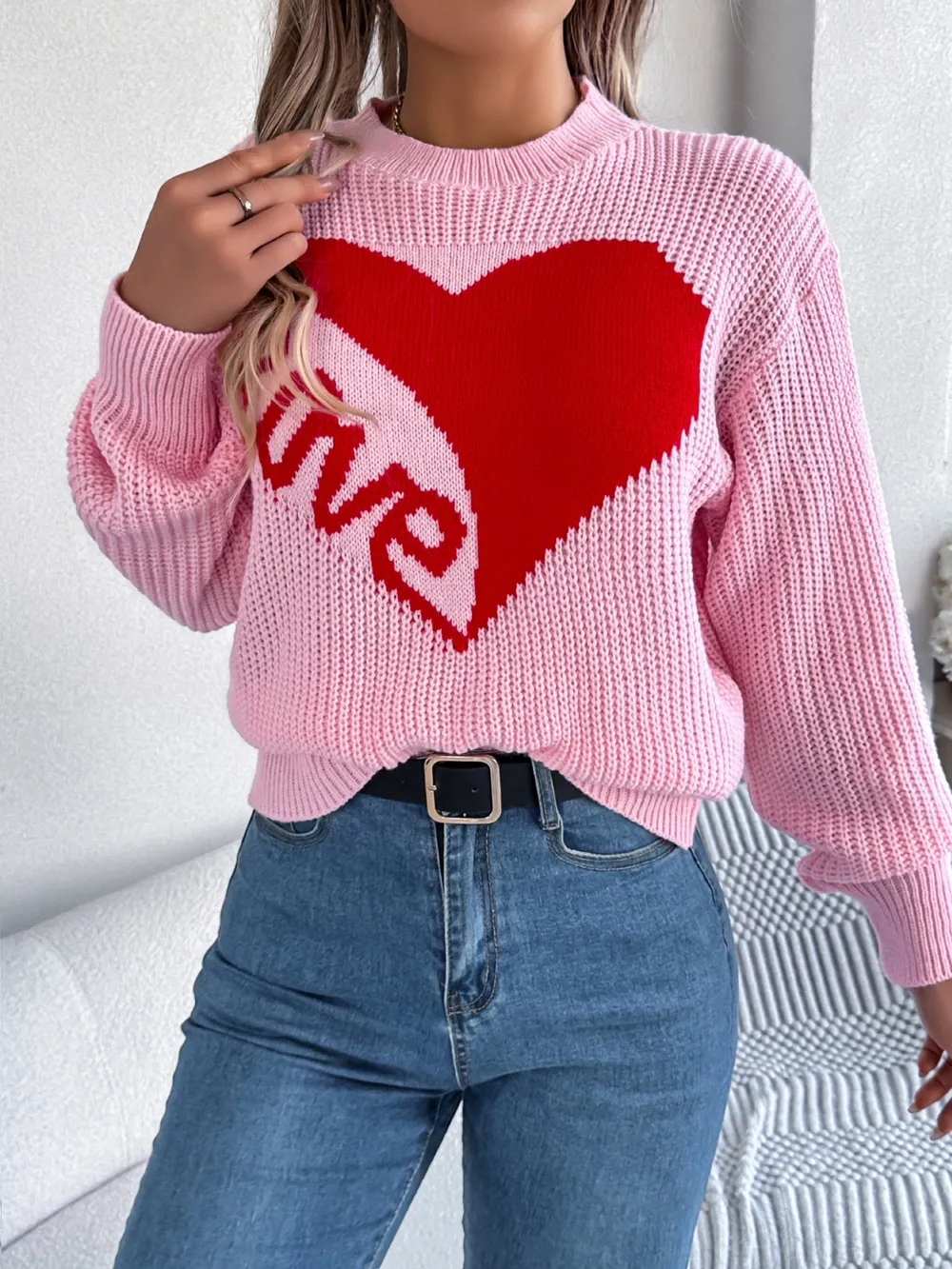 LOVE Heart Round Neck Dropped Shoulder Sweater, image 5