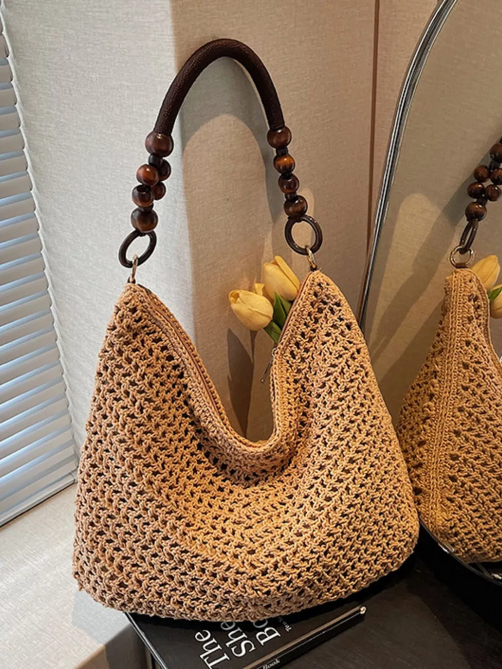 Knitted Shoulder Bag with Wooden Bead Handle, image 6