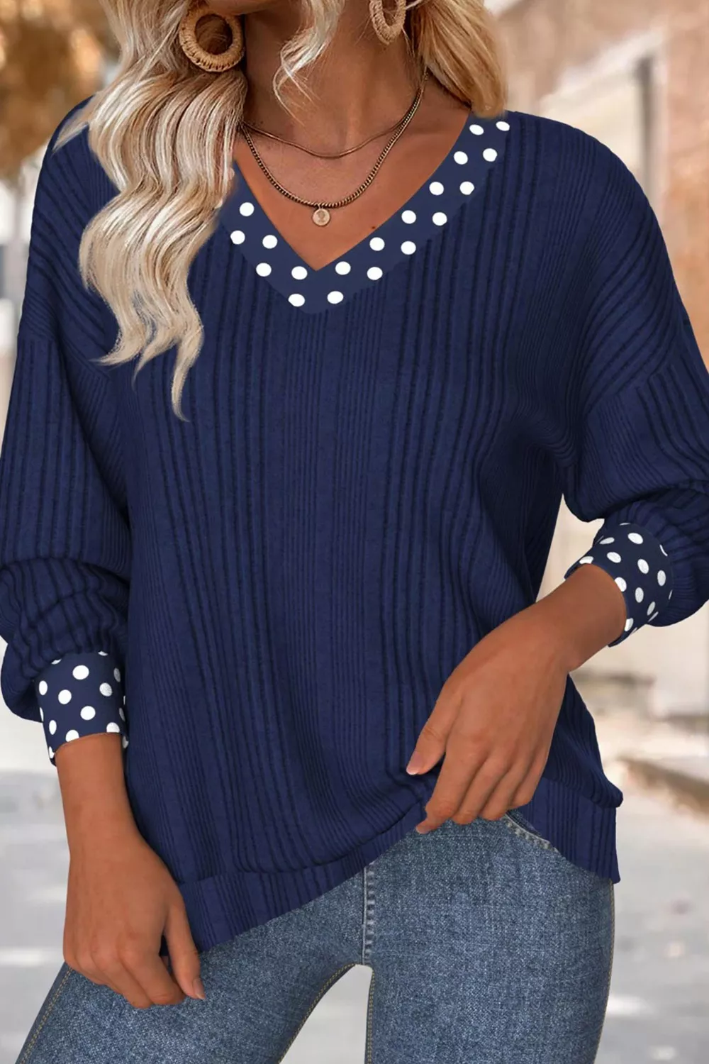 Polka Dot Bowknot Long Sleeve Blouse, image 2