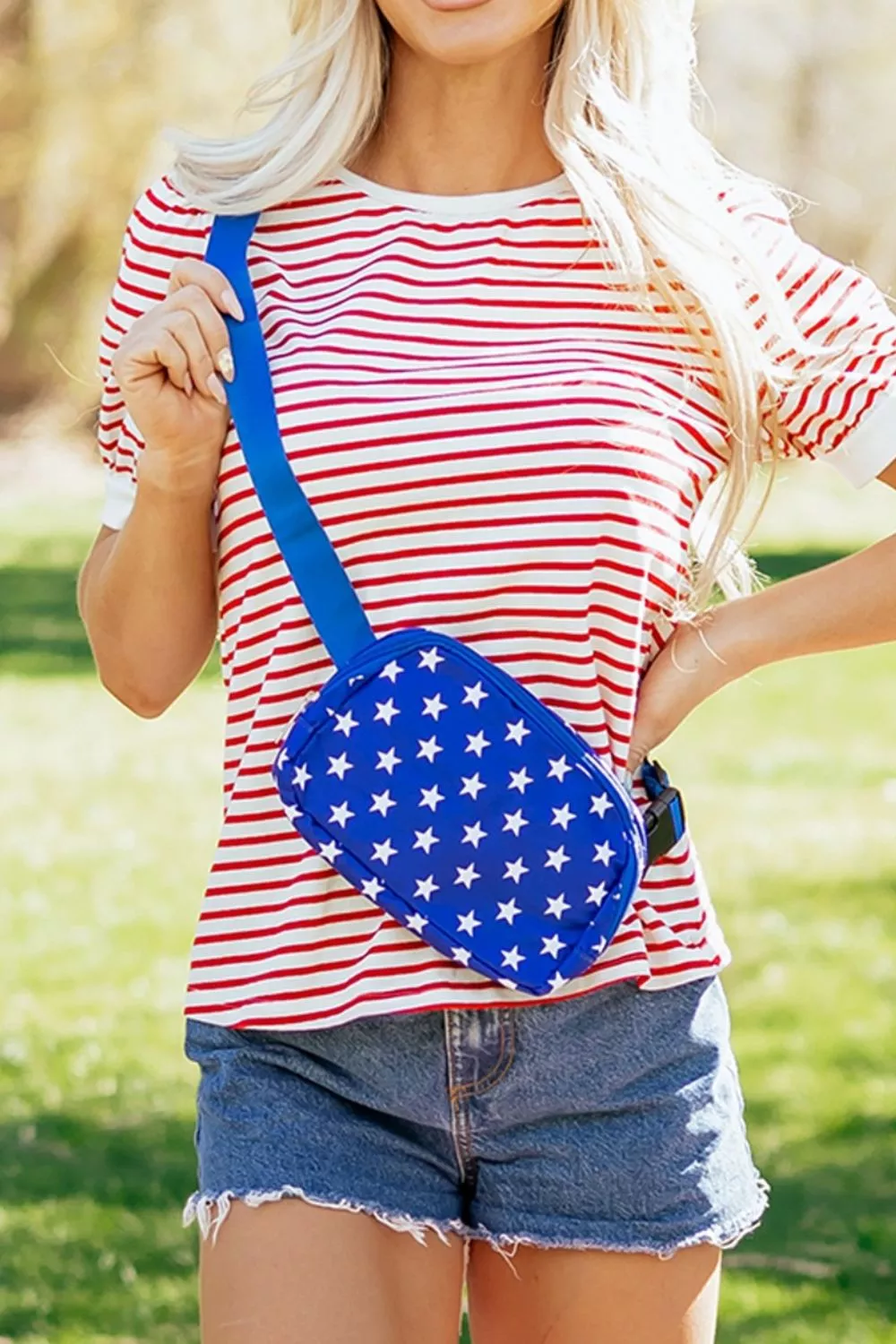 Stripe Contrast Trim Round Neck Short Puff Sleeve T Shirt, image 3
