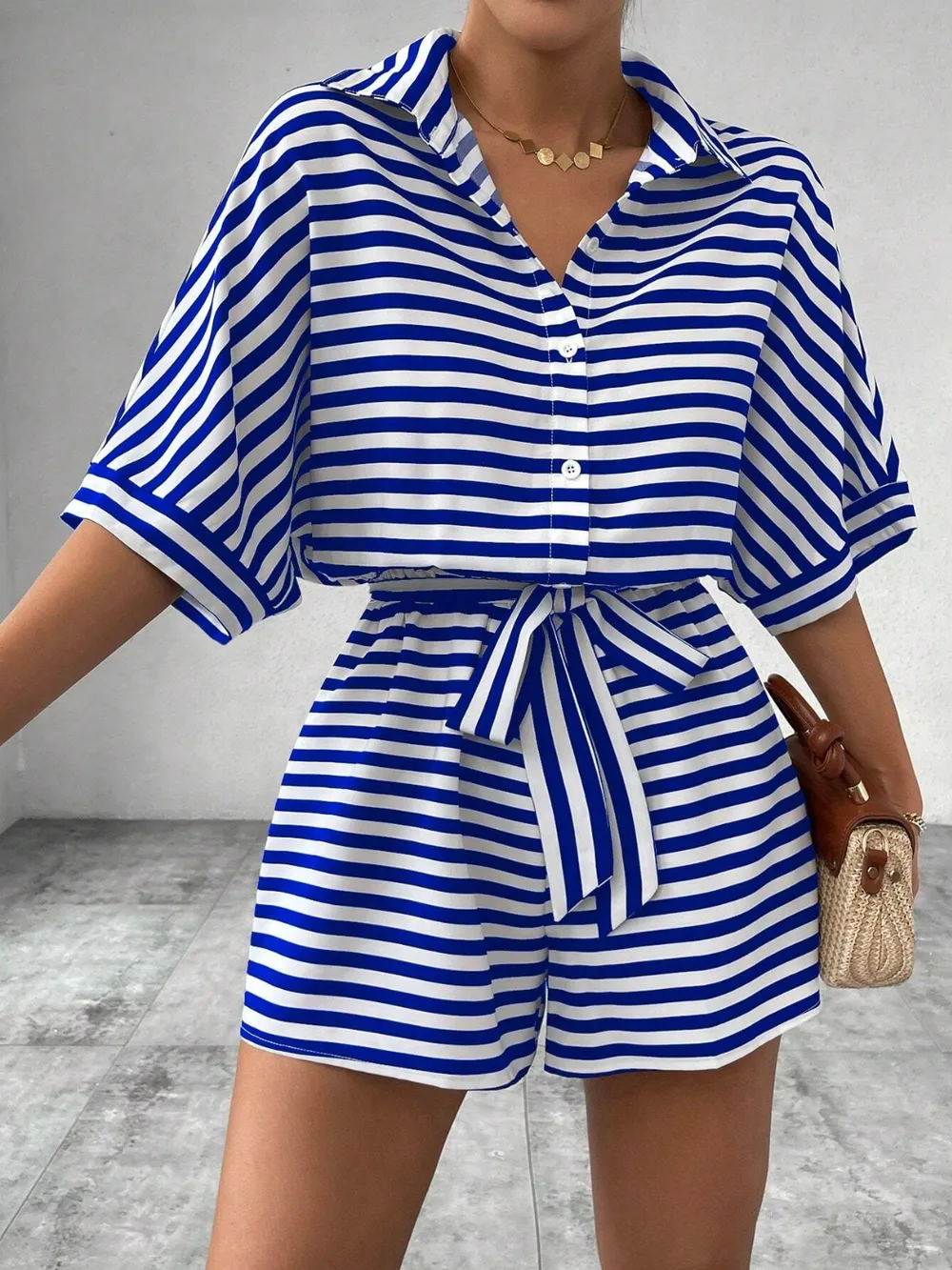 Tie Waist Half Button Striped Romper, image 16