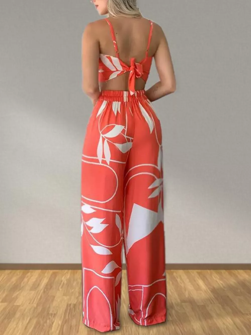 Tropical Print Spaghetti Strap Crop Top and Wide Leg Pants Set, image 8