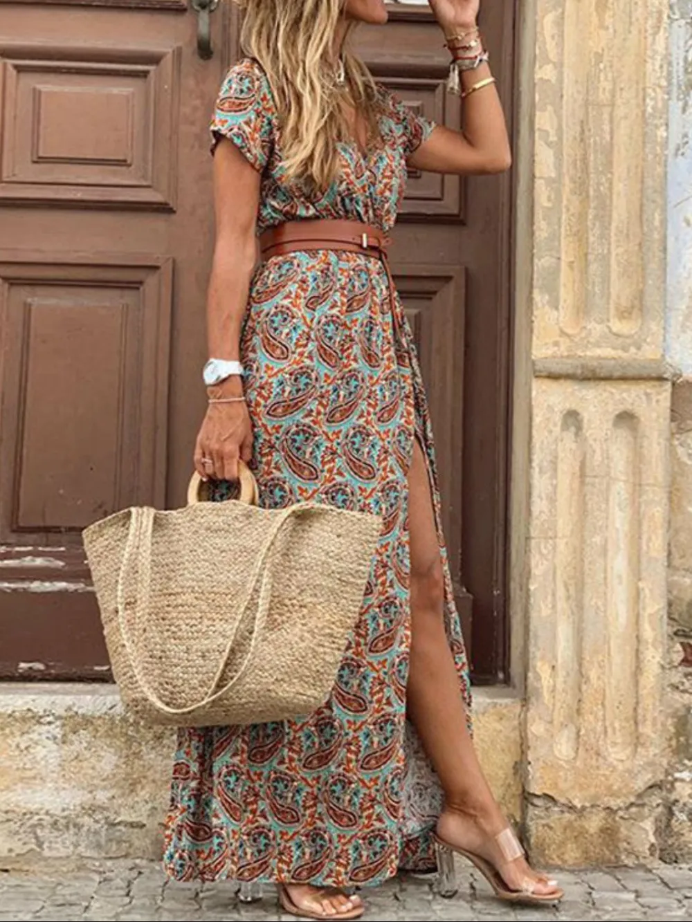 Full Size Printed V-Neck Short Sleeve Maxi Dress Plus Size, image 6