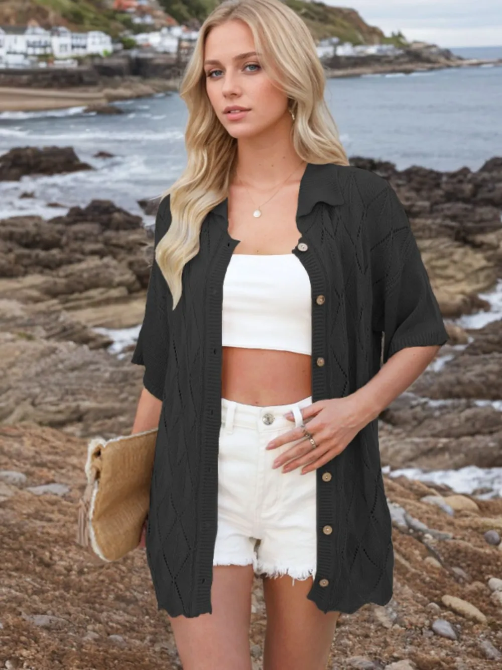 Button Down Eyelet Collared Neck Knit Shirt