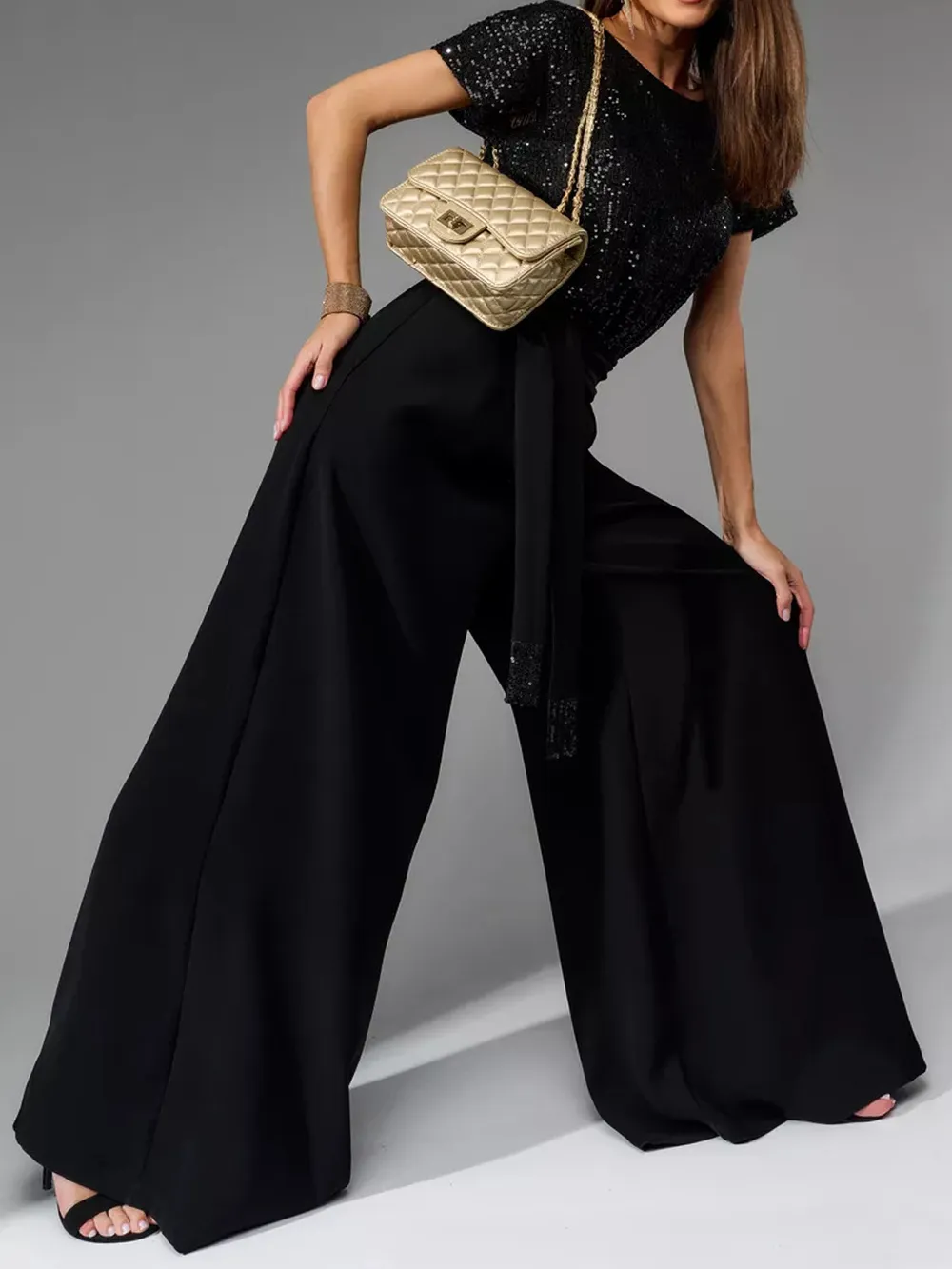 Full Size Sequin Round Neck Short Sleeve Wide Leg Jumpsuit, image 9