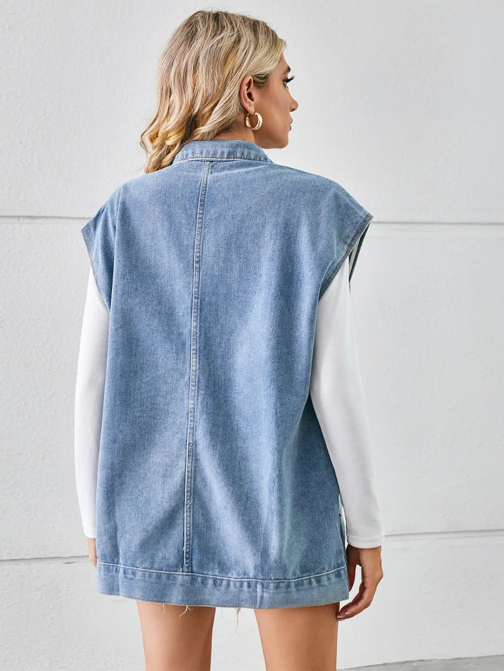 Pocketed Button Up Sleeveless Denim Jacket, image 10