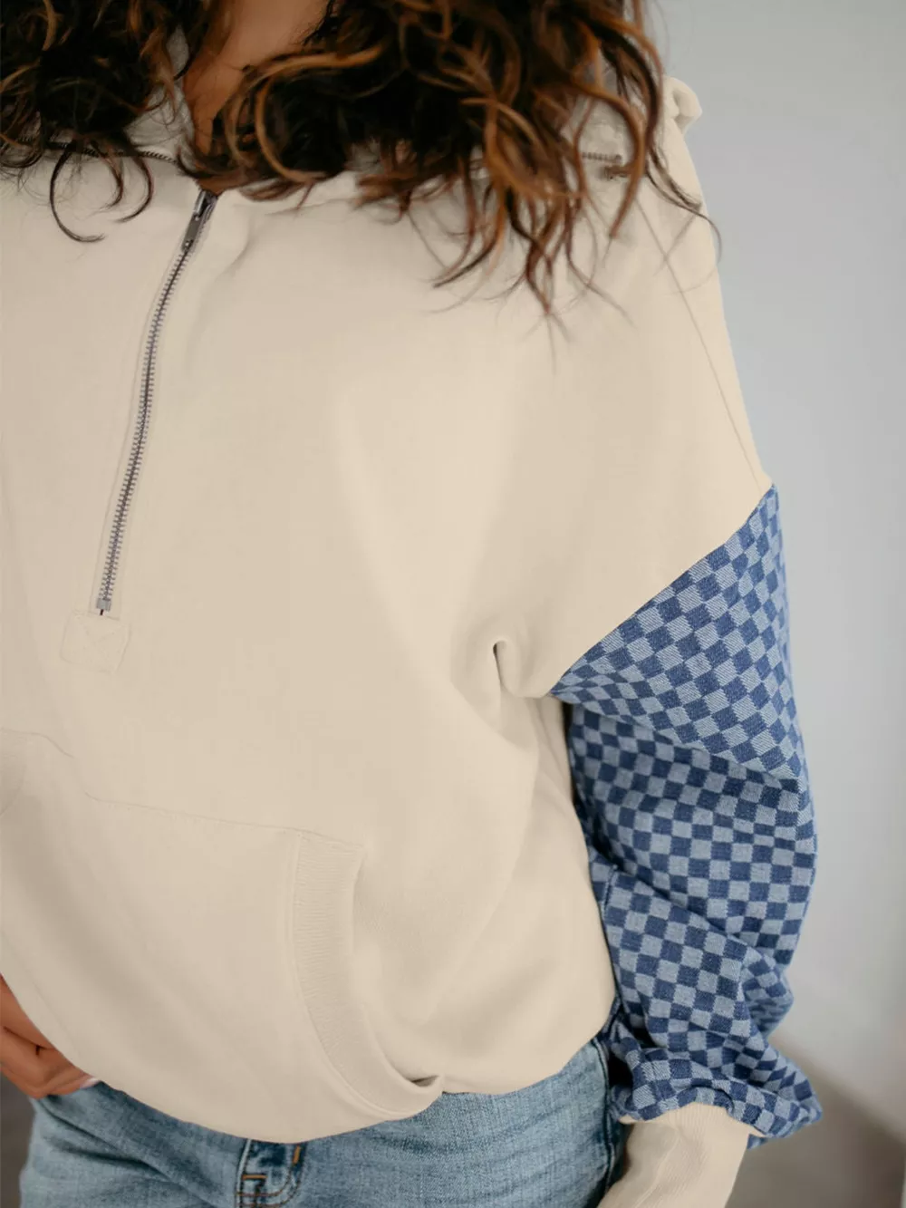Checkered Color Block Half Zip Sweatshirt, image 2