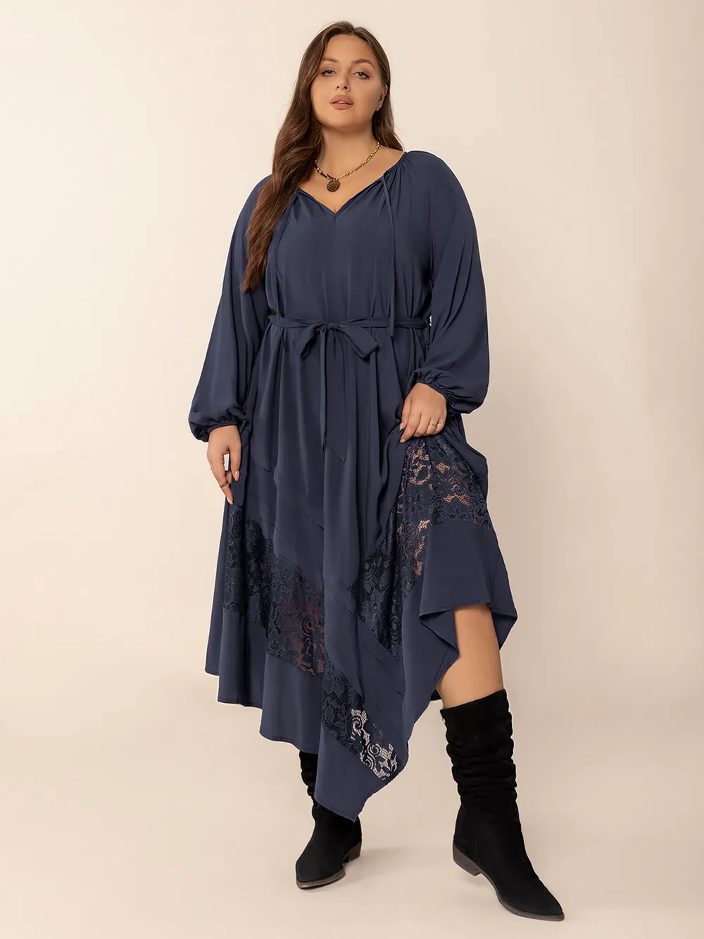 Plus Size Lace Detail Tie Neck Long Sleeve Midi Dress, image 4