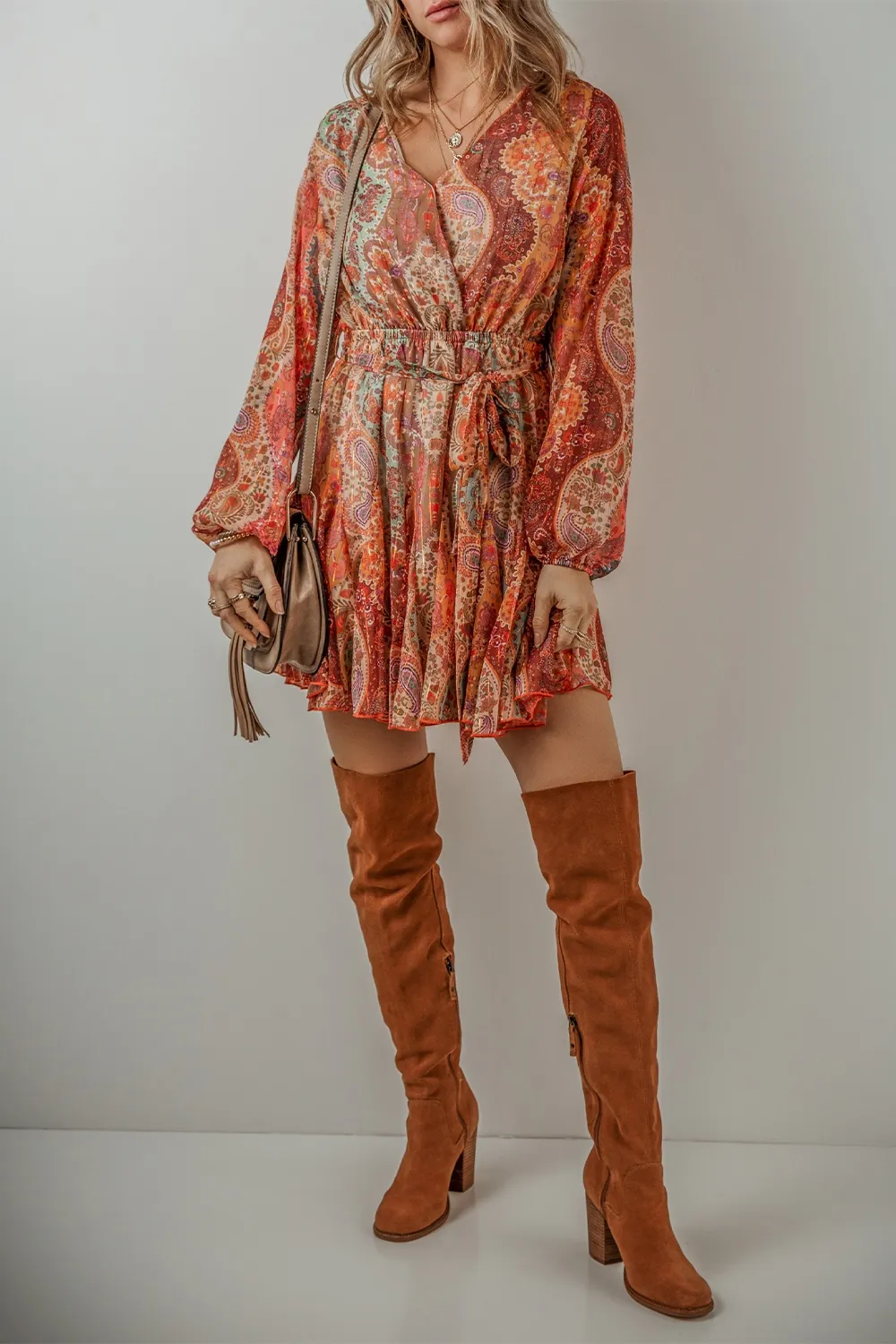 Tied Printed Balloon Sleeve Mini Dress, image 5