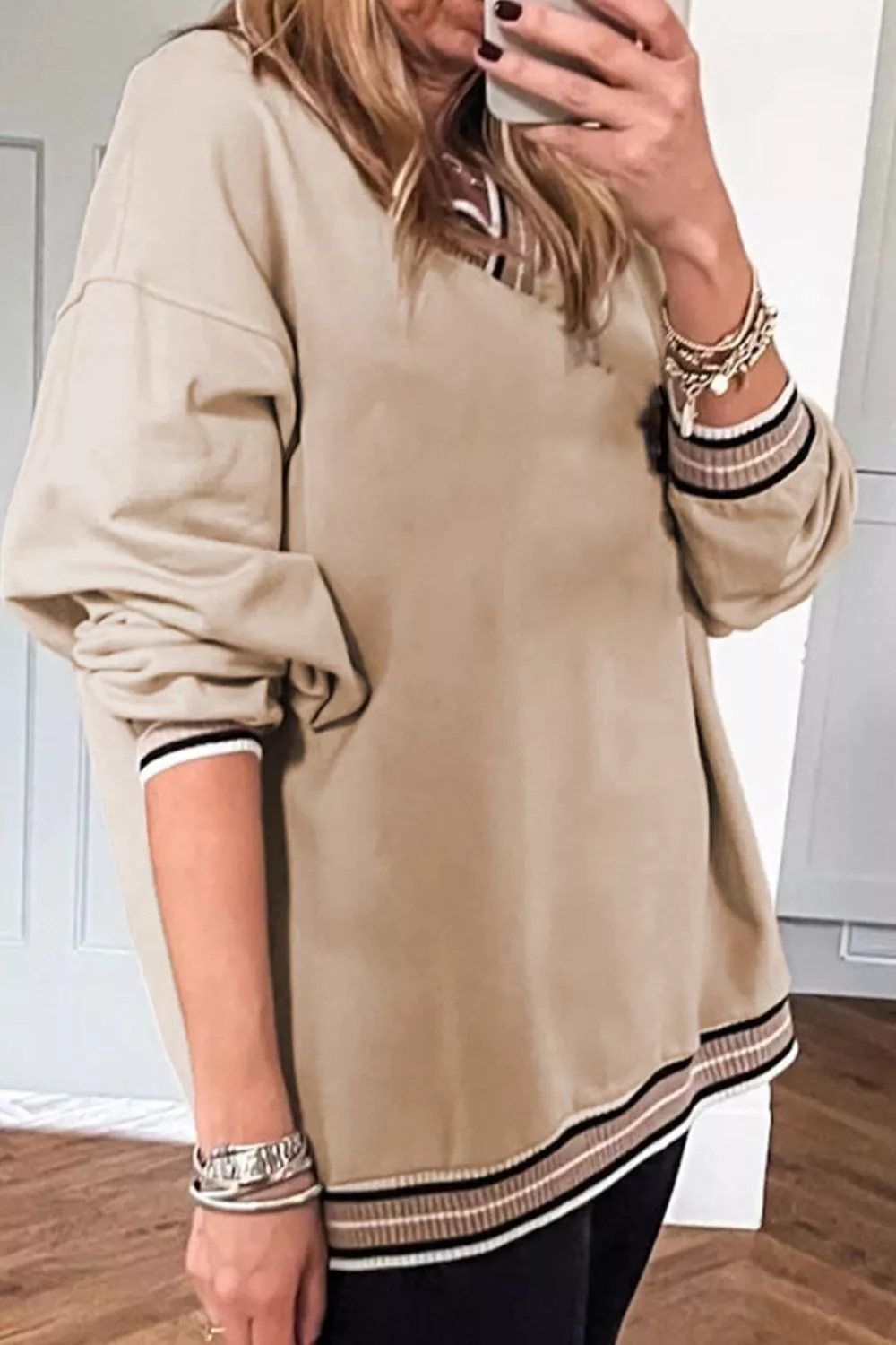 Casual V-Neck Striped Trim Pullover, image 4