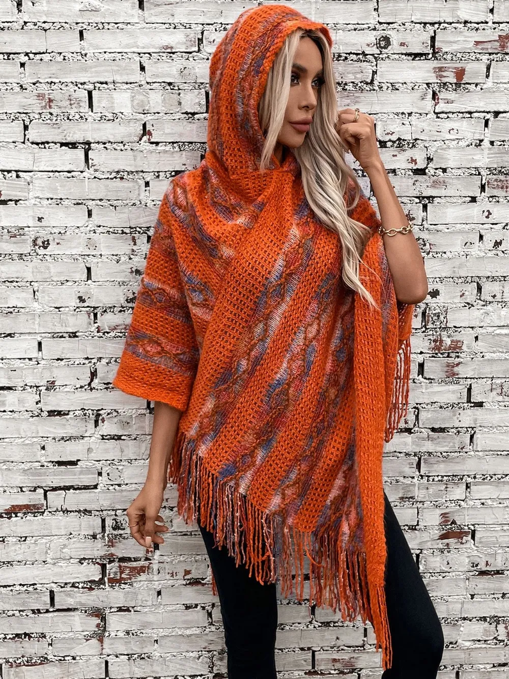 Fringe Contrast Hooded Poncho, image 13