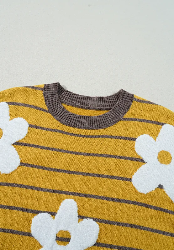Flower Stripe Round Neck Long Sleeve Sweater, image 4