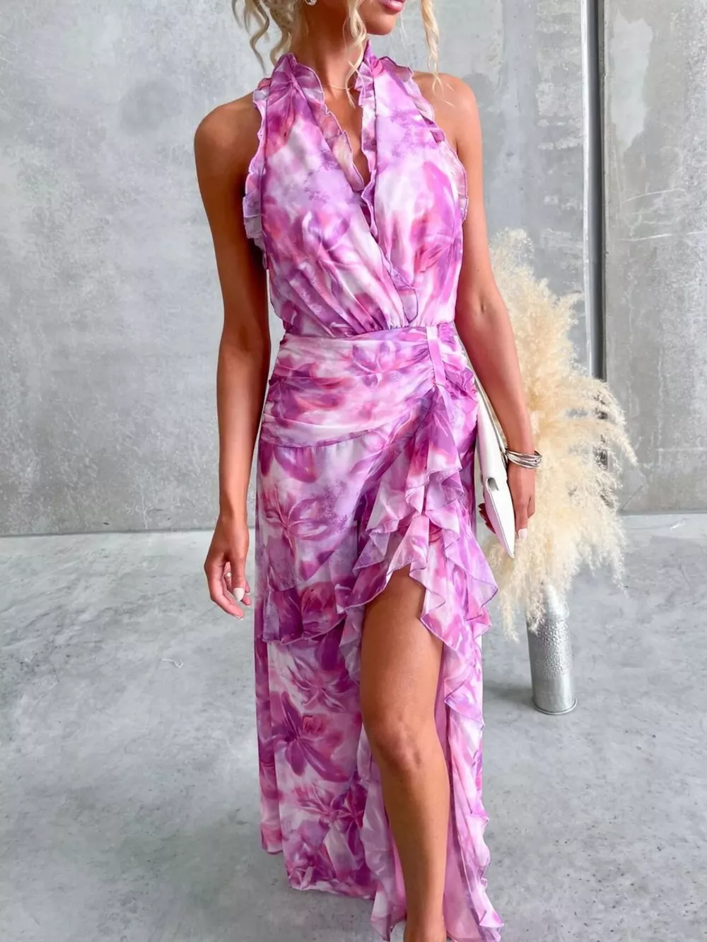 Floral Print Ruffle Halter Neck Maxi Dress, image 9