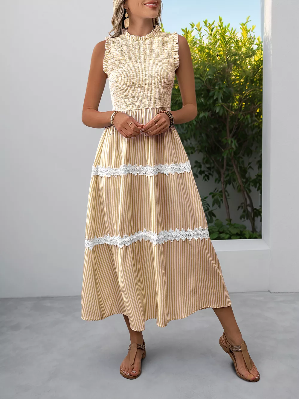 Striped Smocked Sleeveless Tiered Midi Dress, image 5