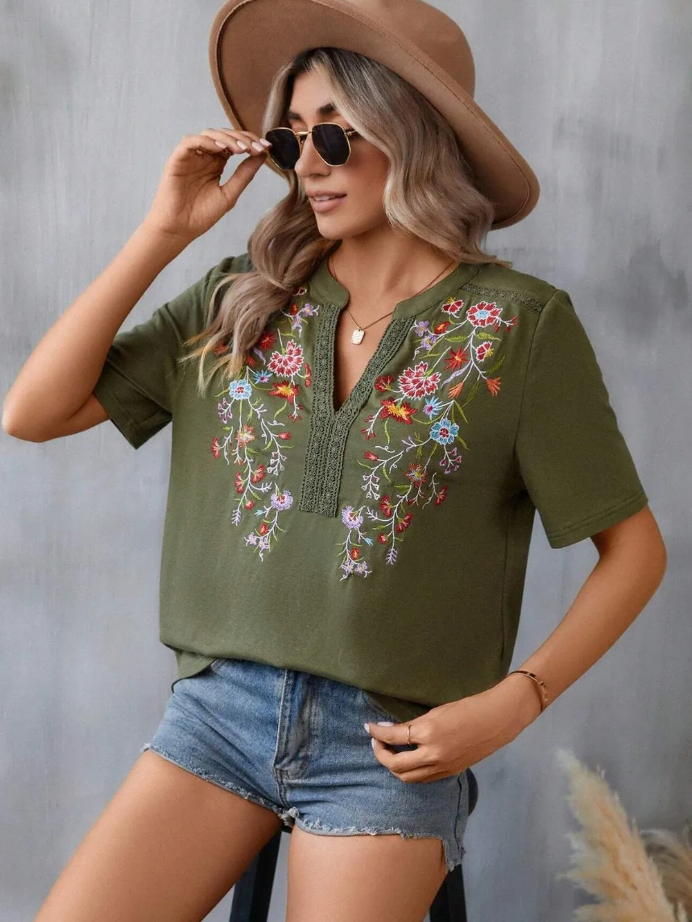 Embroidered Notched Short Sleeve T-Shirt, image 12