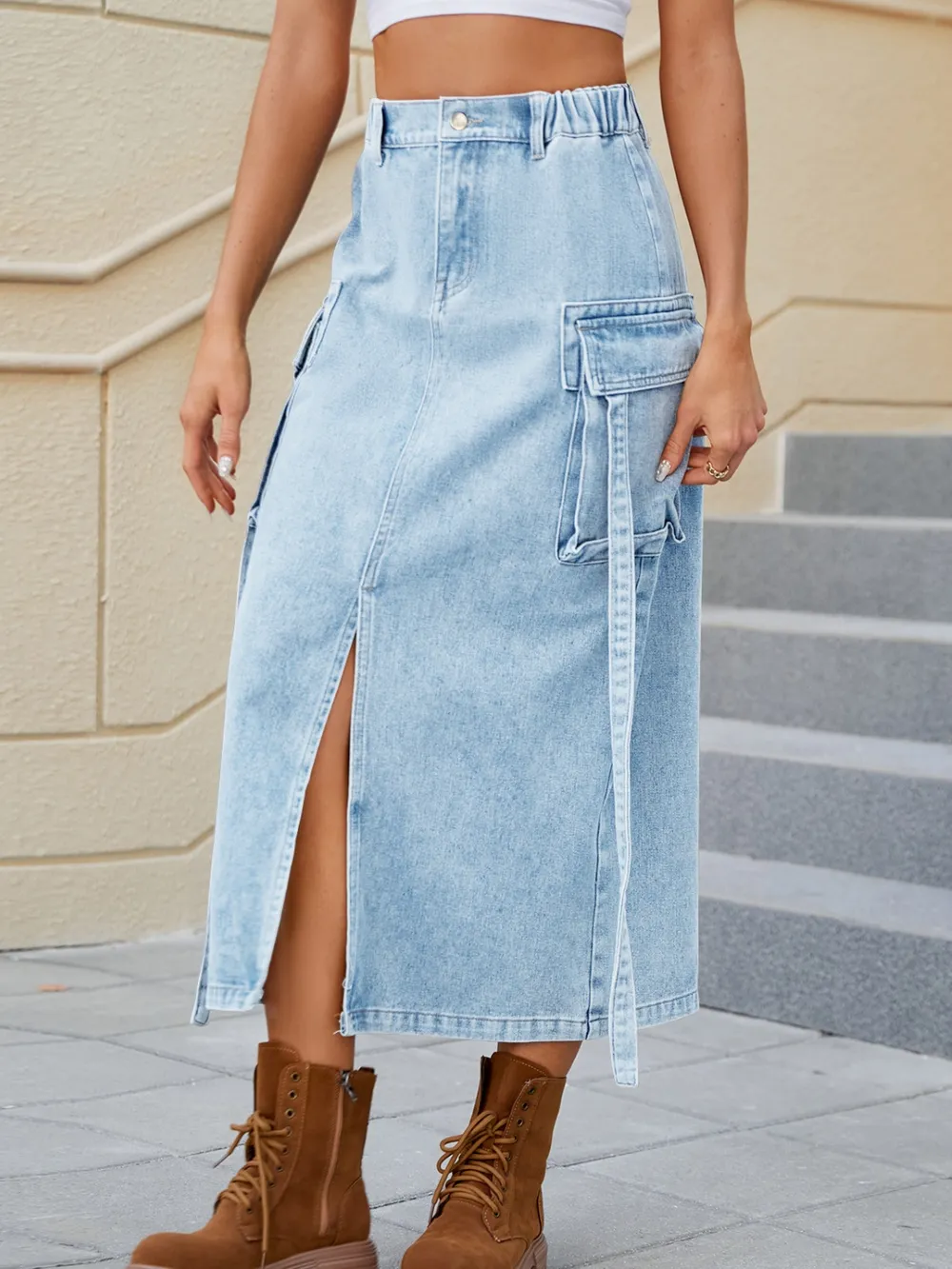 Slit Pocketed High Waist Denim Skirt, image 6