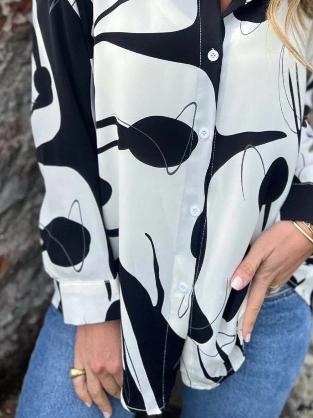 Full Size Abstract Print Long Sleeve Button-Up Shirt Plus Size, image 3