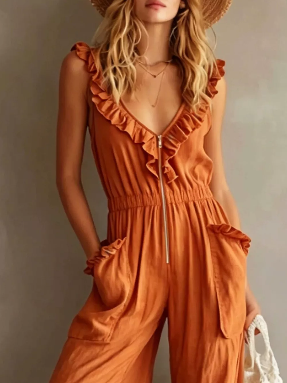 Ruffled V-Neck Wide Leg Jumpsuit, image 18