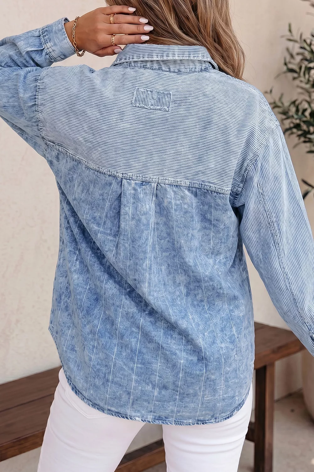 Button-Down Front Striped Denim Shirt, image 3