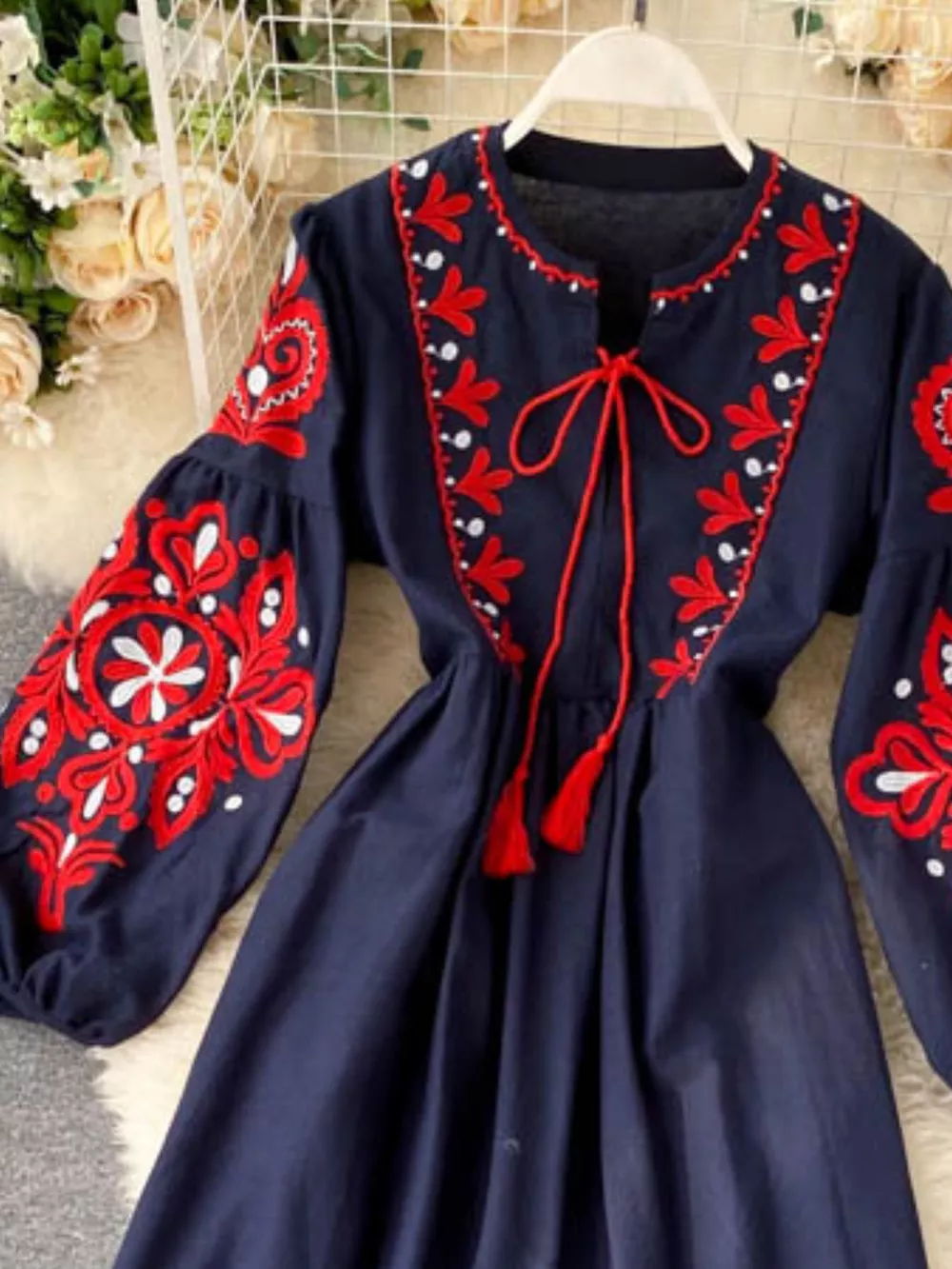 Embroidered Tie Neck Long Sleeve Dress, image 9